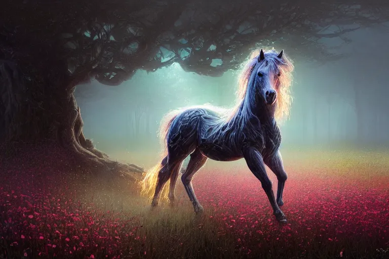 Image similar to a stunning digital painting of a horse made of instricately engraved gnarled wood with a mane of bioluminescent flowers running through a field of flowers by greg rutkowski, flowercore, volumetric light, digital art, fine detail, photorealistic