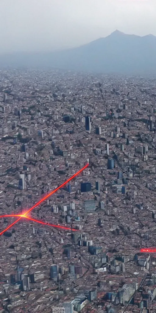 Image similar to flying pudú destroying Santiago de Chile with laser beams from their eyes