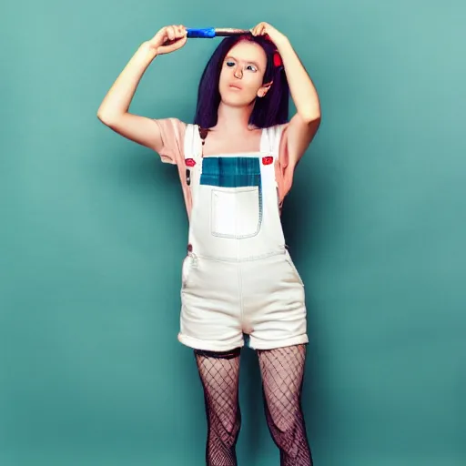 Image similar to full body portrait, attractive Female, soft eyes and narrow chin, skinny figure, paint covered overalls, short shorts, combat boots, fishnet stockings, raining, basic white background, crisp lines and color,