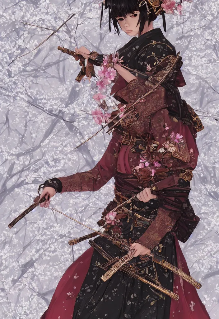 Image similar to detailed portrait of steampunk black girl samurai with tachi and cross bow combat pose in snow forest sakura cherry blossom swan hakama kimono trending on artstation elite, elegant, luxury, by krenz cushart, junji ito, perfect face, fine details, realistic shaded, fine - face, pretty face