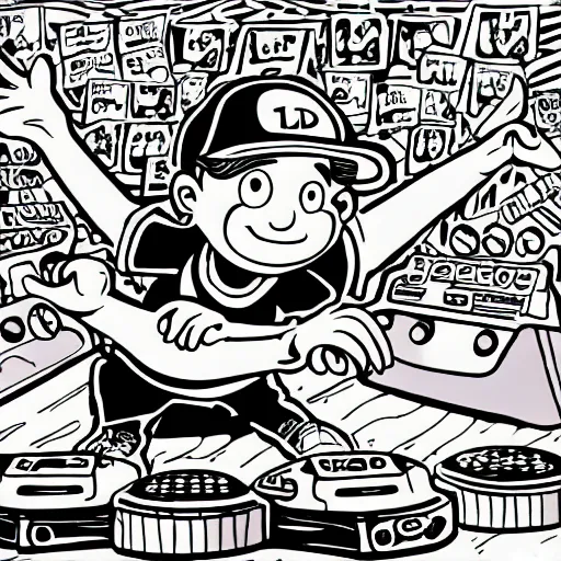 Image similar to cartoon line drawing illustration, in fine detail, of a kid wearing a baseball cap, playing a Korg MS-20 synthesizer, in the style of The Beano, sharpie, black and white, long shot, white background, marker pen, graffiti character, 90s cartoon, Dennis the menace, Calvin and hobbies
