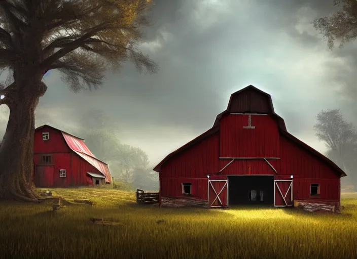 Prompt: A barn at an Iowan farm, barndoors broken open by a running baba yaga hut, game art matte painting hyperdetailed, artstation, cgsociety, 8k, surreal dream landscape