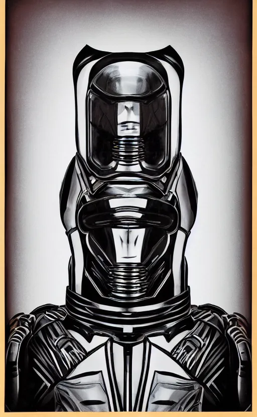 Prompt: symmetrical portrait photograph of beautiful black alien space armor