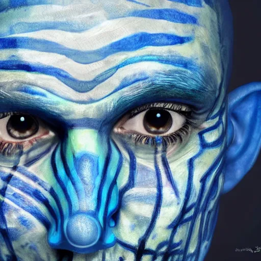 Prompt: Intricate five star Blue genie zombie facial portrait by Pablo Picasso, oil on canvas, HDR, cinematic, vibrant colors, photo realistic, hyperrealism,high detail, matte finish, high contrast, 3d depth, masterpiece, vivid colors, artstationhd , deviantart