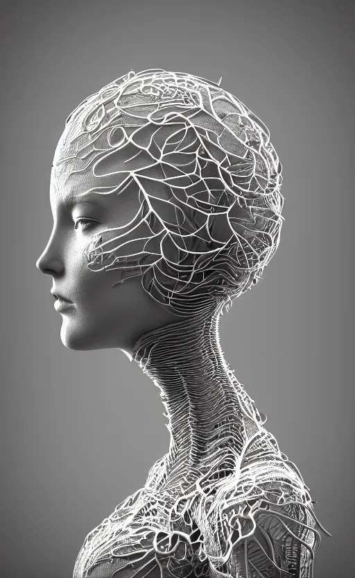 Image similar to complex 3d render of a beautiful profile woman face, vegetal dragon cyborg, 150 mm, beautiful natural soft light, rim light, silver details, magnolia stems, roots, fine lace, maze like, mandelbot fractal, anatomical, facial muscles, cable wires, microchip, elegant, highly detailed, white metallic armour, smoke vapour tornado, octane render, black and white, H.R. Giger style