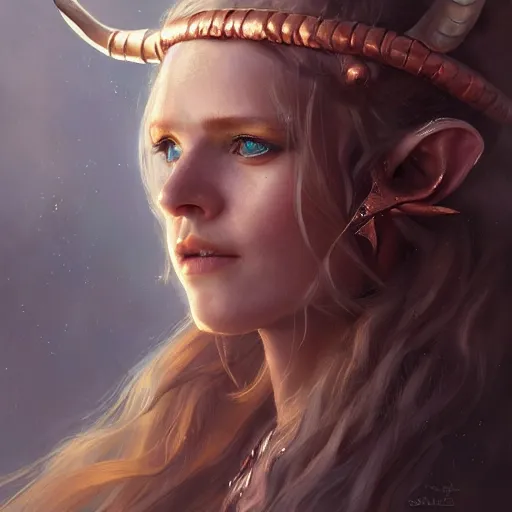 Prompt: A head-on detailed oil fantasy portrait of a pretty elf woman with subtle copper horns, long blonde hair and bright copper irises, by greg rutkowski, trending on artstation, dungeon and dragons art