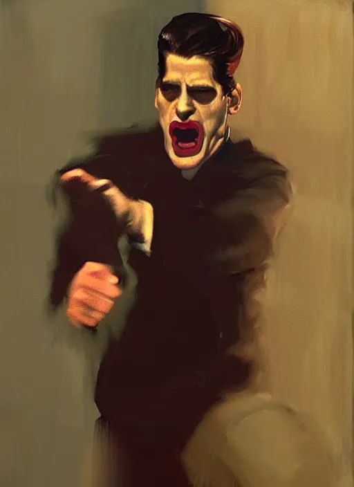 Image similar to dale cooper doppelganger, screaming, WHITE EYES!!! red curtains, painting by phil hale, 'action lines'!!!, graphic style, visible brushstrokes, motion blur, blurry