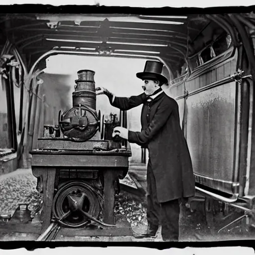 Image similar to archive photograph, 1856, train conductor uses a 3d printer on a steam engine