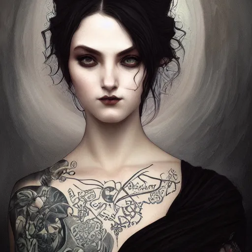 Image similar to portrait of a sad goth girl with tattoo, intricate, elegant, highly detailed, digital painting, artstation, concept art, smooth, sharp focus, illustration, art by artgerm and greg rutkowski and alphonse mucha and william - adolphe bouguereau