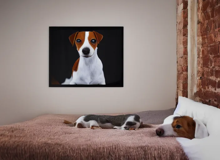 Image similar to photography of a Jack Russel . watching outside the window. on a bed. in a vintage room full of vinyls and posters.,volumetric light, photorealistic,, award winning photo, 100mm, sharp, high res