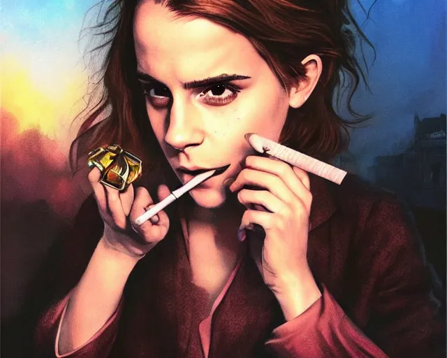Prompt: emma watson as sherlock biting a cigarette pipe, airbrush art, drew struzan illustration art, key art, movie poster