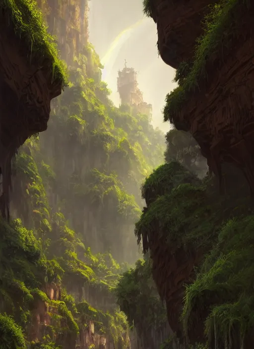 Prompt: medieval city built on terraces in a gigantic canyon, lots of buildings connected by hanging bridges, waterfalls, glow coming from amber veins in the ground, lush vegetation, pitchblack sky, extremly detailed digital painting, in the style andreas rocha and greg rutkowski, rim light, beautiful lighting, 8 k, stunning scene, octane, trending on artstation