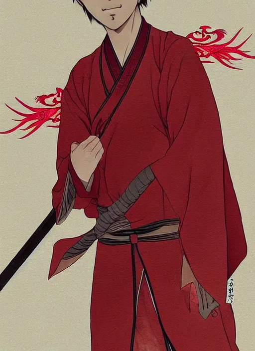 Image similar to concept art, a young chinese man with a pair of phoenix eyes, looks like kimura takuya, fair complexion, straight nose, thin lips, delicate eyebrows, handsome and elegant, wearing a chinese tunic suit with a red chinese dragon embroidered on it, conrad roset, japanese manga style, flume cover art