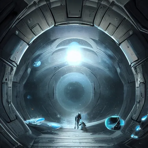 Image similar to Halls of Space by Ben Wanat, a digital painting and concept artist from the Mysterious Deadspace game, but set in a small portal like dream state star tunnel where the halls have no end and no beginning; Art by Vinciardo Van Goughci