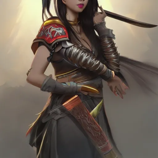 Prompt: beautiful Asian woman with a weapon, full view, character design, warrior outfit, dramatic lighting, by seunghee Lee,detailed, artstation