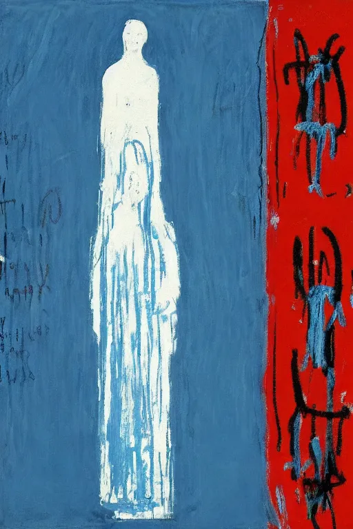 Image similar to light blue, virgin mary of lourdes painted by cy twombly and basquiat