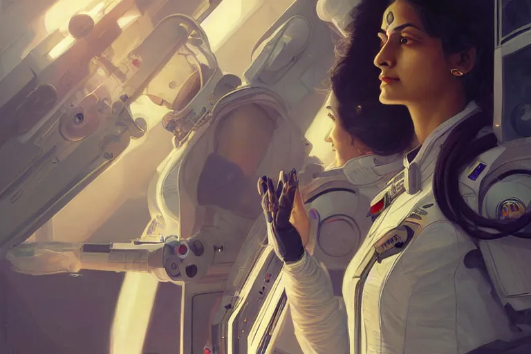 Image similar to Sensual beautiful female pale young Indian doctors wearing Deus Ex Human Revolution clothing in a space station above Earth, portrait, elegant, intricate, digital painting, artstation, concept art, smooth, sharp focus, illustration, art by artgerm and greg rutkowski and alphonse mucha