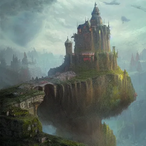 Prompt: a painting of a city castle floating in the air, flying island, levitating citadel, a matte painting by marc simonetti, deviantart, fantasy art, lush world above an apocalypse landscape, matte painting, fantasy landscape