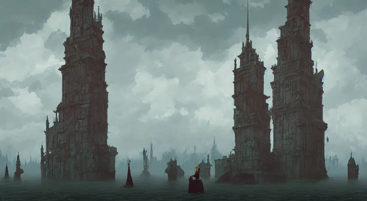 Image similar to single flooded simple bloodborne tower, very coherent and colorful high contrast!! masterpiece by rene magritte simon stalenhag carl spitzweg syd mead norman rockwell edward hopper james gilleard, minimalist, dark shadows, sunny day, hard lighting