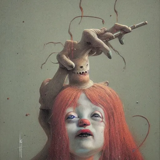 Prompt: cute young female sadistic clown by beksinski