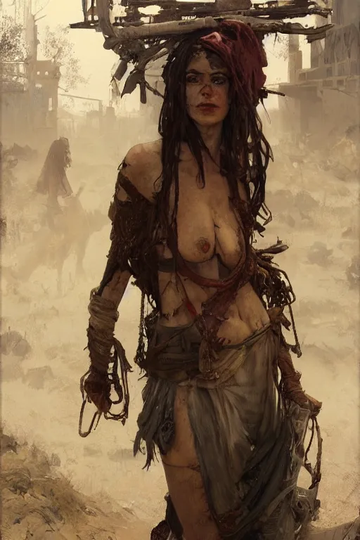 Image similar to a full body portrait of a beautiful post apocalyptic offworld butchers district bedouin blind pulp fiction scarlet wild rogue barbarian leper begging by the roadside, intricate, elegant, highly detailed, digital painting, artstation, concept art, smooth, sharp focus, illustration, art by krenz cushart and artem demura and alphonse mucha