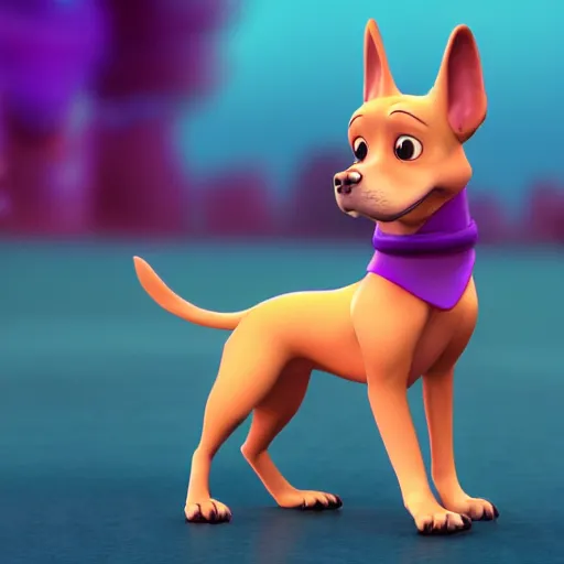 Image similar to a beautiful 3d render of a purple dog in a disney movie, in the style of disney, pixar, the dog is doing ballet, highly detailed, 8k resolution