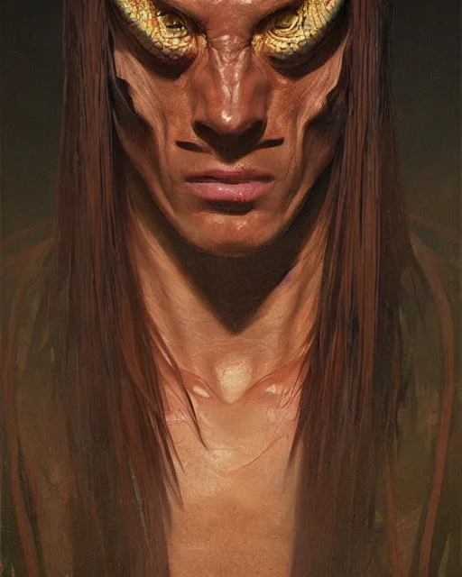 Prompt: '' Face portrait of a handsome reptilian fighter, reptile skin, reptile eyes, long hair with a ponytail , sci-fy, cyberpunk, high detail, 4k , digital painting, artstation, concept art, sharp focus, illustration, art by greg rutkowski and alphonse mucha ''