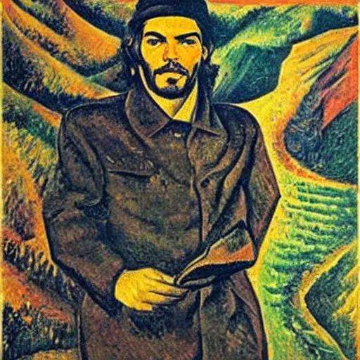 Prompt: a portrait of che guevara in a scenic landscape, by umberto boccioni