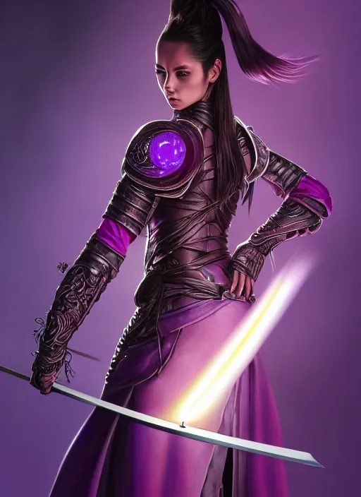 Image similar to back, behind, portrait of a woman in purple leather future armor with a long black ponytail, holding a katana with glowing purple runes carved into the katana, intricate, elegant, candle light, highly detailed, digital painting, artstation, concept art, smooth, sharp focus, illustration, art by wlop, mars ravelo and greg rutkowski