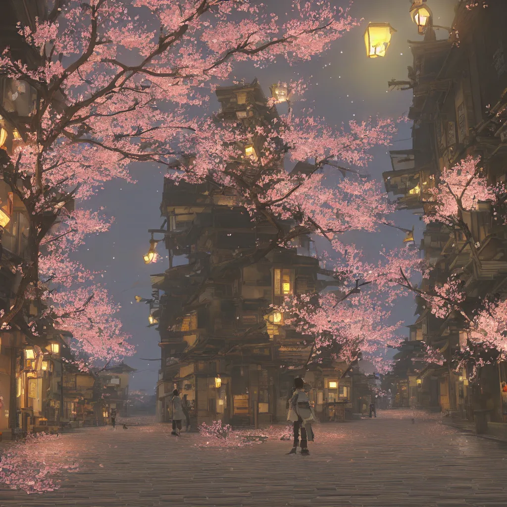 Image similar to Japanese street at night, cherry blossom petals, highly detailed, 3D render, digital art, artstation, 8K photography, matte photo-realistic, by Hayao Ghibli Miyazaki, breath of the wild style