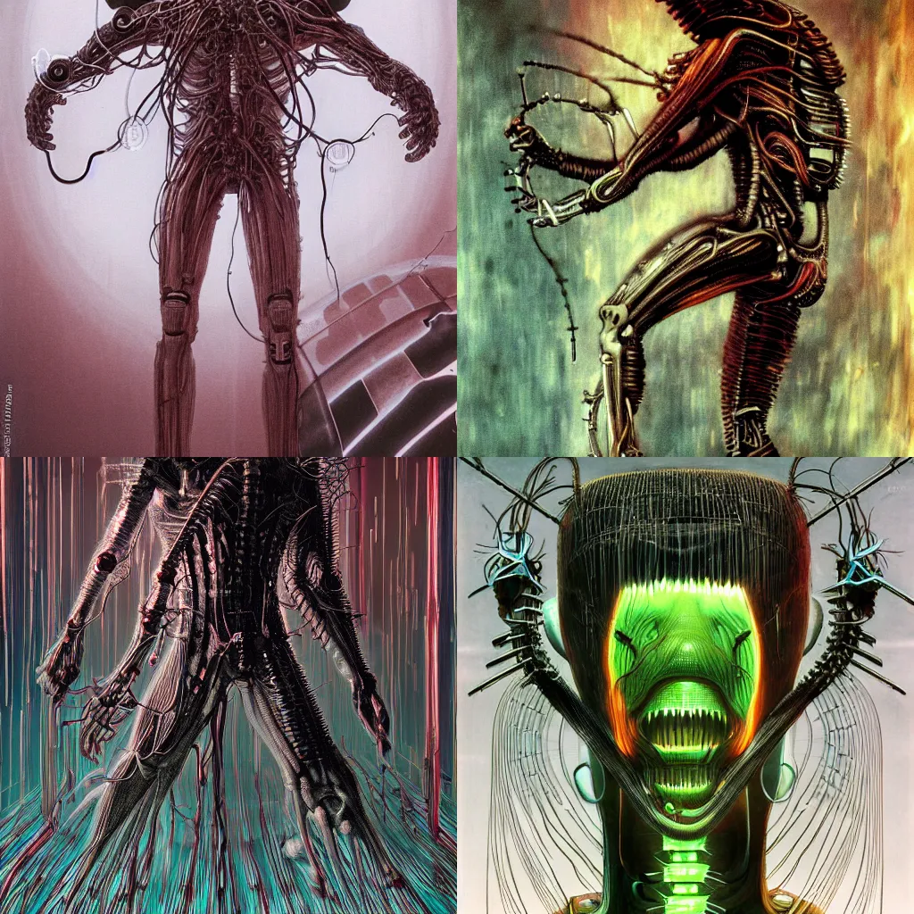 Prompt: humanoid cyborg with outstretched head, cartoon teeth and soft fluffy claws, translucent neon skin, barcodes, wires and tubes, mix styles of tsutomu nihei, video game art, battle scene, zdzisław beksinski and giger, in full growth, no blur