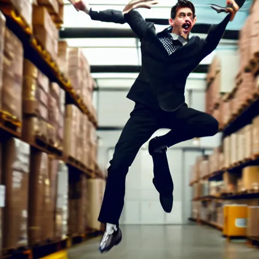 Prompt: an elgant detailed portrait of a male model boisterously dancing around the room by himself holding an empty wine bottle as he jumps in the air in a (warehouse), striking artistic concept, perfect composition, detailed facial expression, fine detail, dramatic lighting, award-winning photo UHD, 4K