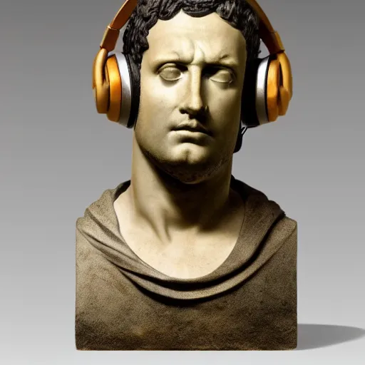 Prompt: a roman bust wearing headphones, in the style of vaporwave