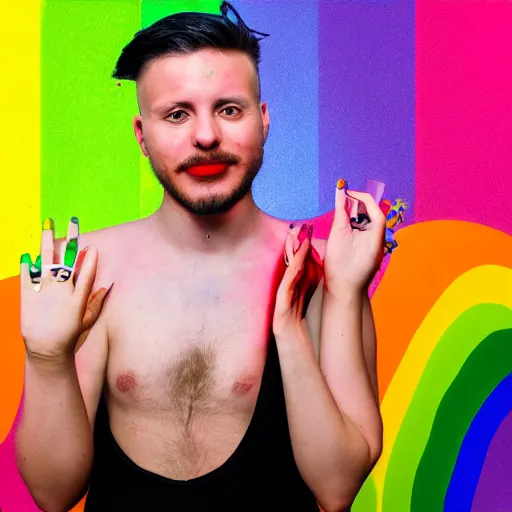 Prompt: a portrait of a queer man with rainbow hair and painted nails