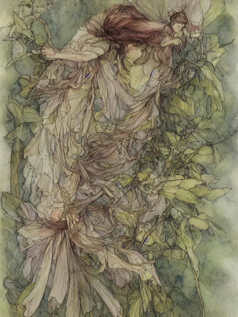 Image similar to annotated study of a flower fairy, illustration, watercolor, alan lee, detailed, pretty, ethereal,