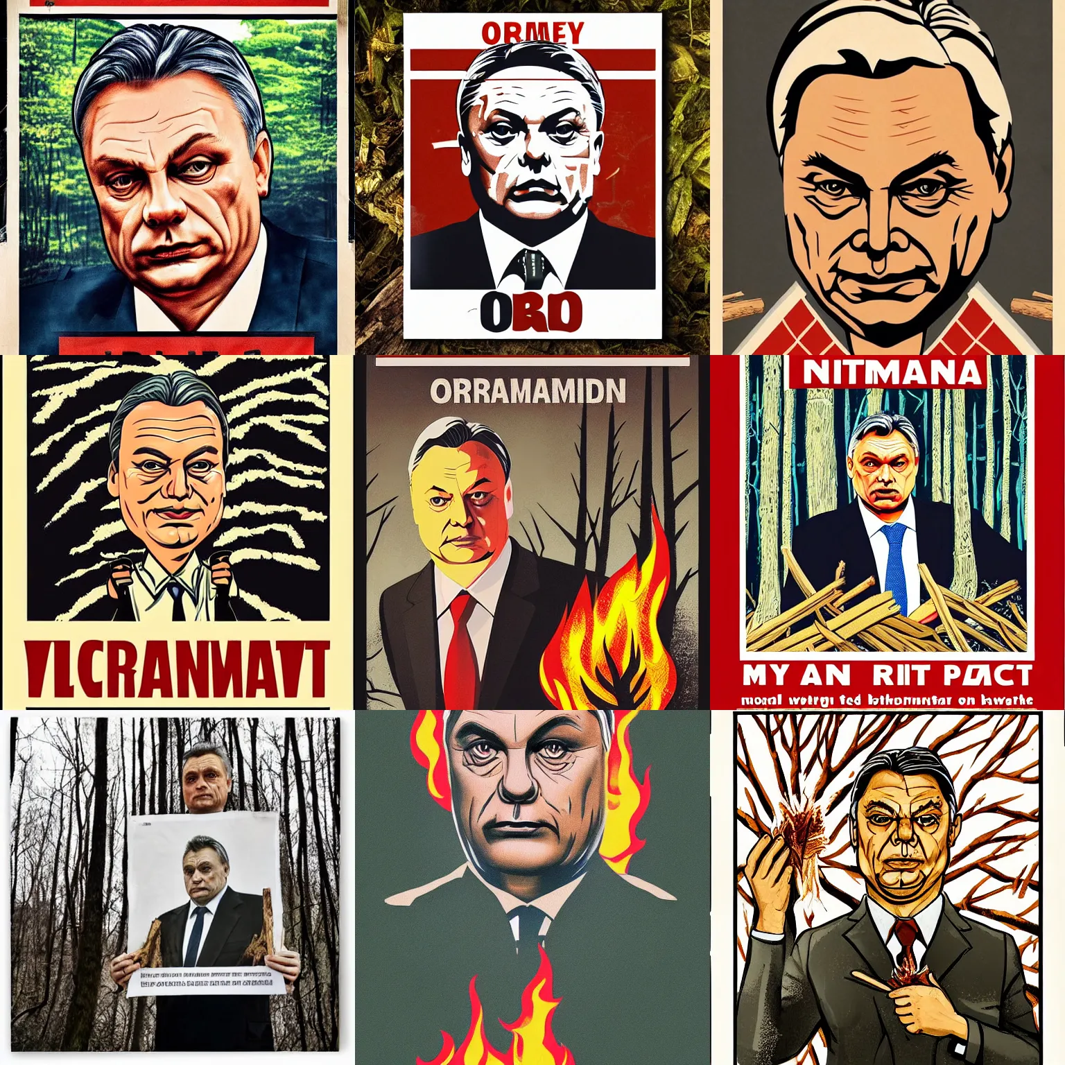 Prompt: symmetry!! propaganda poster of viktor orban in a forest, holding a burning wood piece, highly detailed face