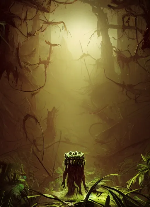 Prompt: terrific monster in middle of jungle, horror, dark atmosphere, harsh lighting, cinematic lighting, scary, award wining art, artstation, high details, concept art, 4 k