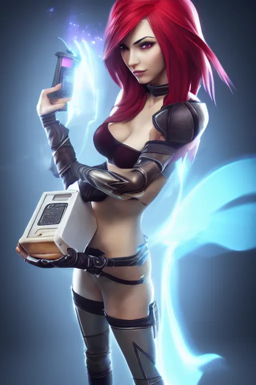 Image similar to Katarina from League of Legends holding a toaster, photorealistic full body, studio lighting, unreal engine 5, hyperrealistic, dynamic lighting, white ambient background, realistic, highly detailed