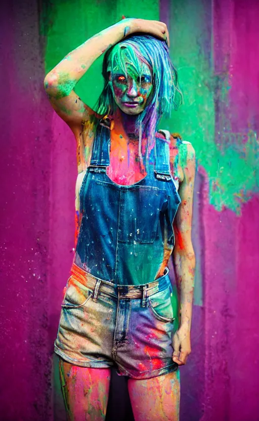 Prompt: grungy woman, rainbow hair, soft eyes and narrow chin, dainty figure, wet t-shirt, torn overalls, skimpy shorts, covered in neon paint, luminescent, dark, dramatic, cinematic, Sony a7R IV, symmetric balance, polarizing filter, Photolab, Lightroom, 4K, Dolby Vision, Photography Award