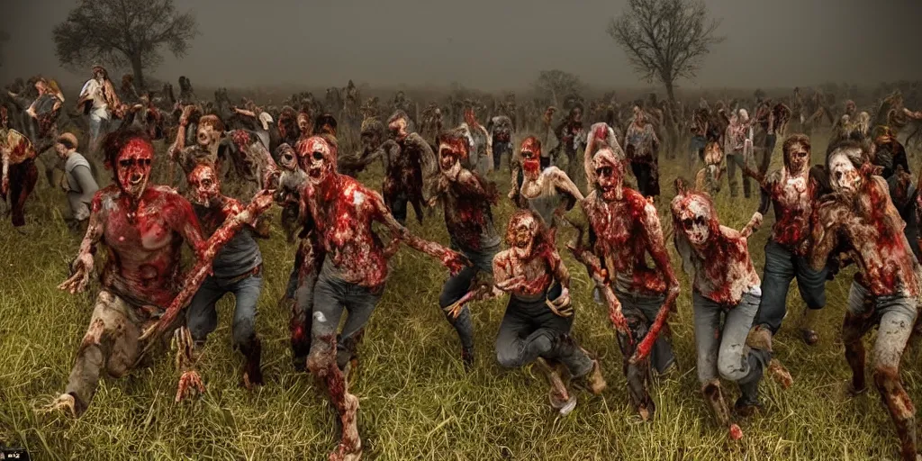 Image similar to a horde of zombies rushing toward camera, too many to count, outstretched and terrible arms, dirt road in Missouri night