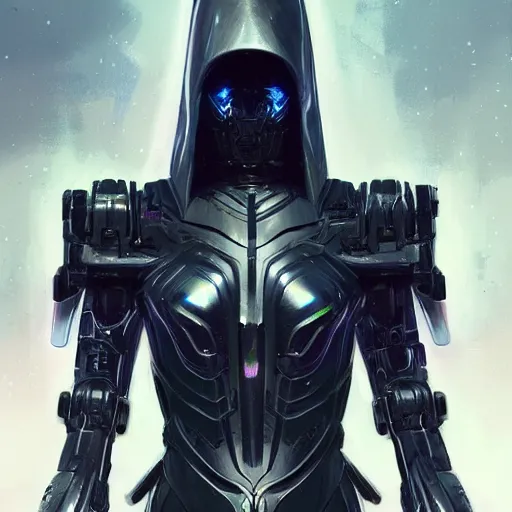 Prompt: matte digital artwork of the galactic assassin, intricate black sharp iridescent hooded cybernetic armour, iridescent technology and weapon, by greg rutkowski and and artgerm