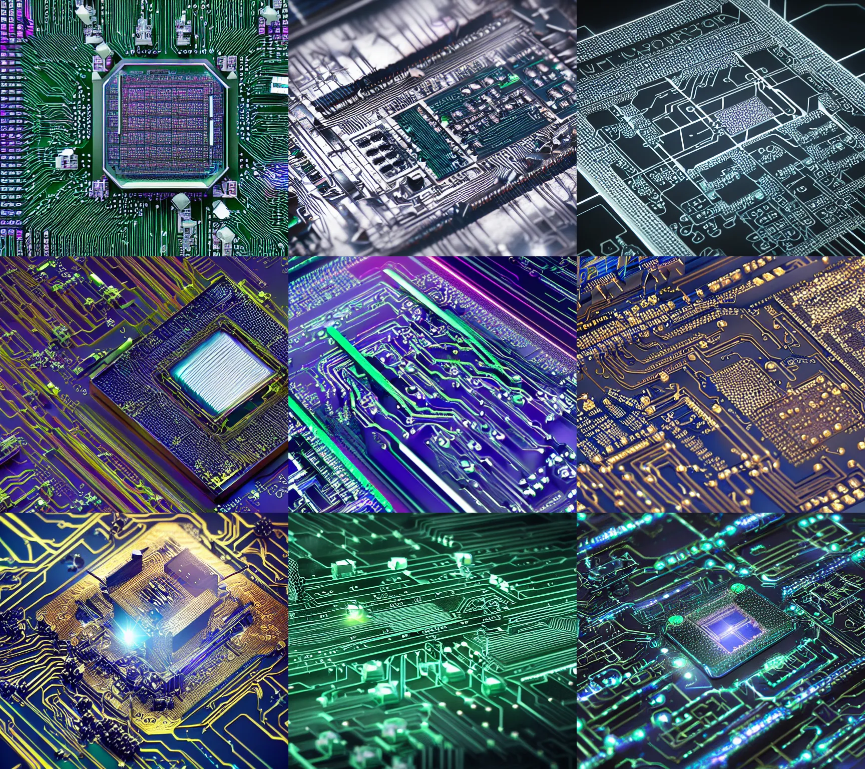 Prompt: circuit board processor, 3 d ray traced photorealistic render, beautiful colors, futuristic, crystal nodes, shiny, high angle shot with sharp realistic intricate detail