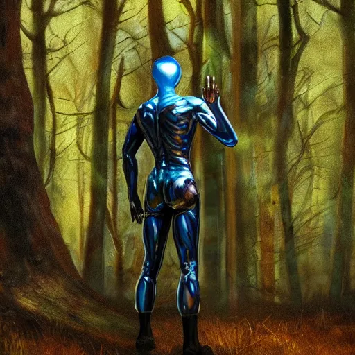 Image similar to A hyper real comic book style portait painting of T-1000 in the woods, unreal 5, hyperrealistic, octane render, cosplay, RPG portrait, dynamic lighting