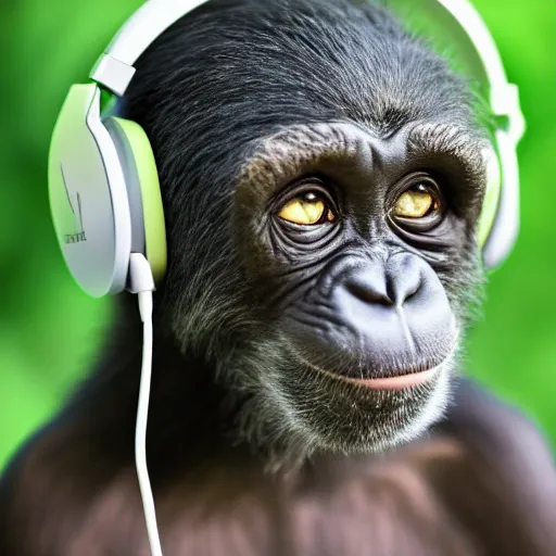 Image similar to a high quality photo of a green chimp wearing headphones, realism, 8k