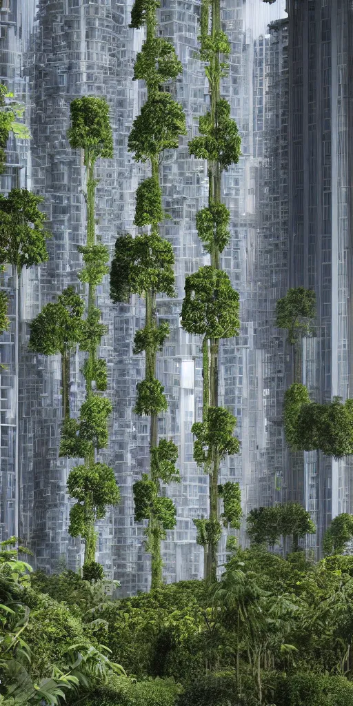 Prompt: an elevational photo by Andreas Gursky of 5 tall and slender futuristic mixed-use towers emerging out of the ground. The towers are covered with trees and ferns growing from floors and balconies. The towers are bundled very close together and stand straight and tall. The towers have 100 floors with deep balconies and hanging plants. Cinematic composition, volumetric lighting, foggy morning light, architectural photography, 8k, megascans, vray.
