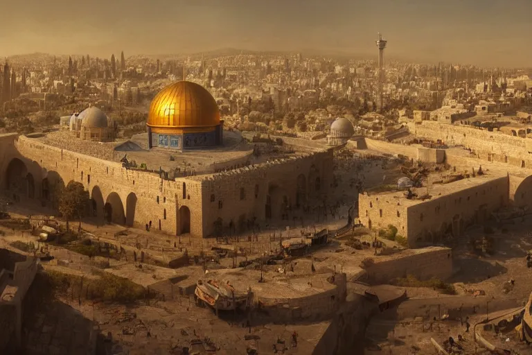 Image similar to jerusalem in the year 3 0 5 0, matte painting, long shot, concept art, wide shot, digital art, trending on artstation, 4 k, extremely detailed, realistic, midday, warm colors, golden sunlight, by greg rutkowski, cinematic, epic