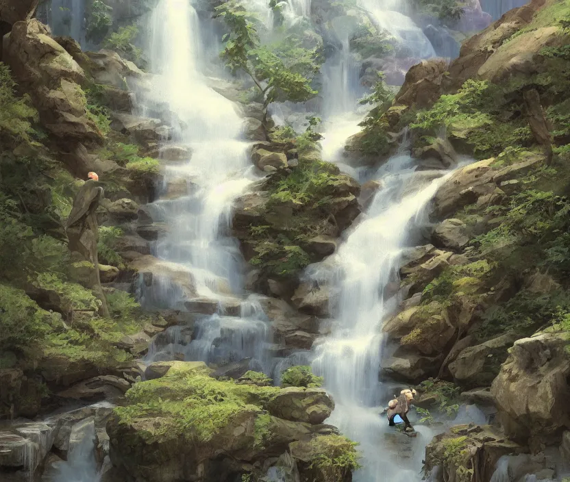 Prompt: Champion Falls. Waterfall amongst the tall dusky mountains. Digital Illustration by John Avon. #mtgart #digitalillustration #johnavon