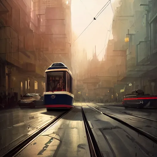 Image similar to a retro futuristic tram driving trough futuristic zurich, long shot, lumnious, magical, atmospheric, urban concept art, backlighting, by greg rutkowski *, martin mottet, maya takamura, and william turner