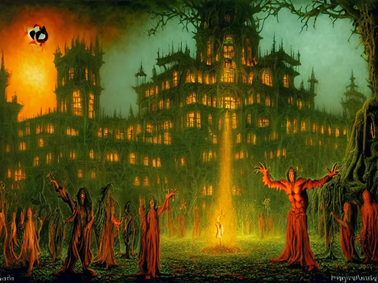 Prompt: hellspawn demons greeting souls of sinners by wendy froud and laurie lipton and guido borelli da caluso and ed valigursky and hubert robert and david mattingly and ferdinand knab, hyperrealism, high contrast, low light, vibrant color, psychedelic, green mist, blue cobblestones, orange demons, yellow lanterns