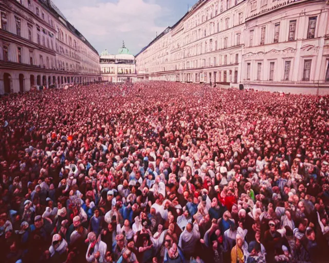 Image similar to crowd rally against a large leg in vienna, shot on kodak portra 4 0 0 3 5 mm film